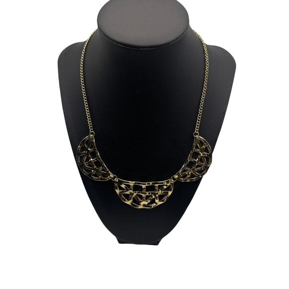 Matte Gold Tone Lattice Geometric Scalloped Linked Statement Chain Necklace - Picture 1 of 3
